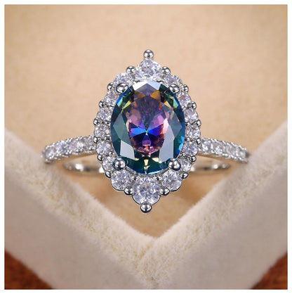Rainbow oval Ring - Silver - CZs - Size 8