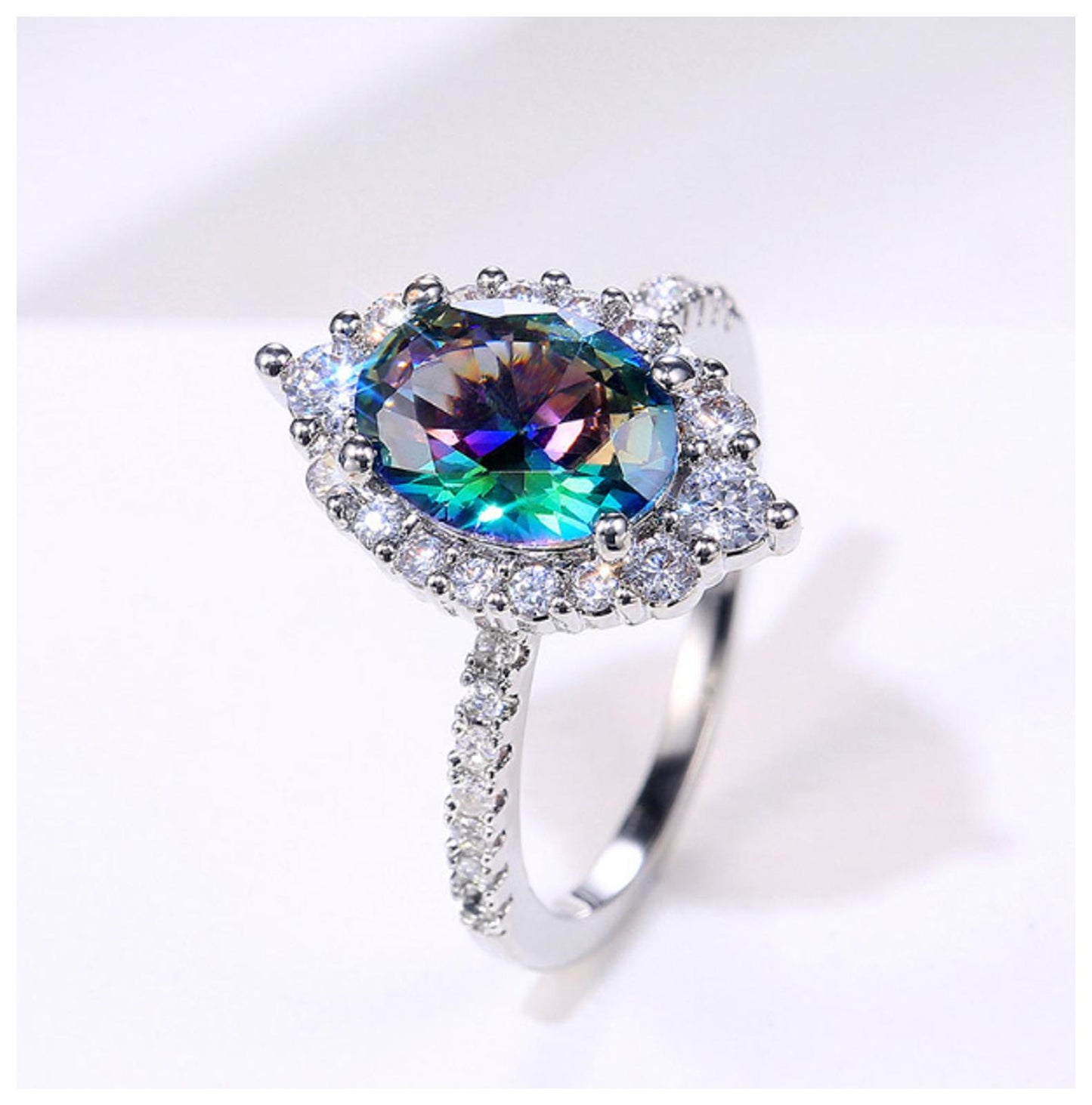 Rainbow oval Ring - Silver - CZs - Size 6