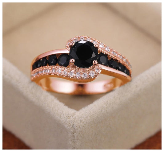 Black swirl Ring - Rose Gold - CZs - Size 6