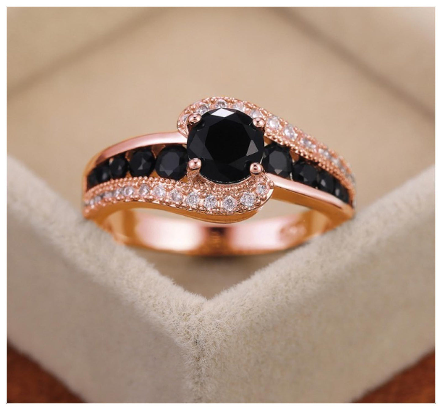 Black swirl Ring - Rose Gold - CZs - Size 7