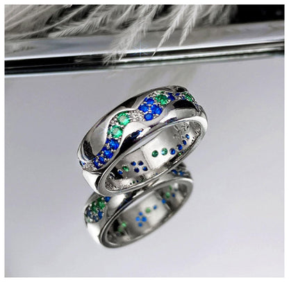 Blue green wave band Ring - Silver - CZs - Size 8