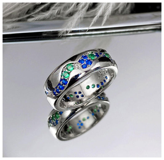 Blue green wave band Ring - Silver - CZs - Size 8