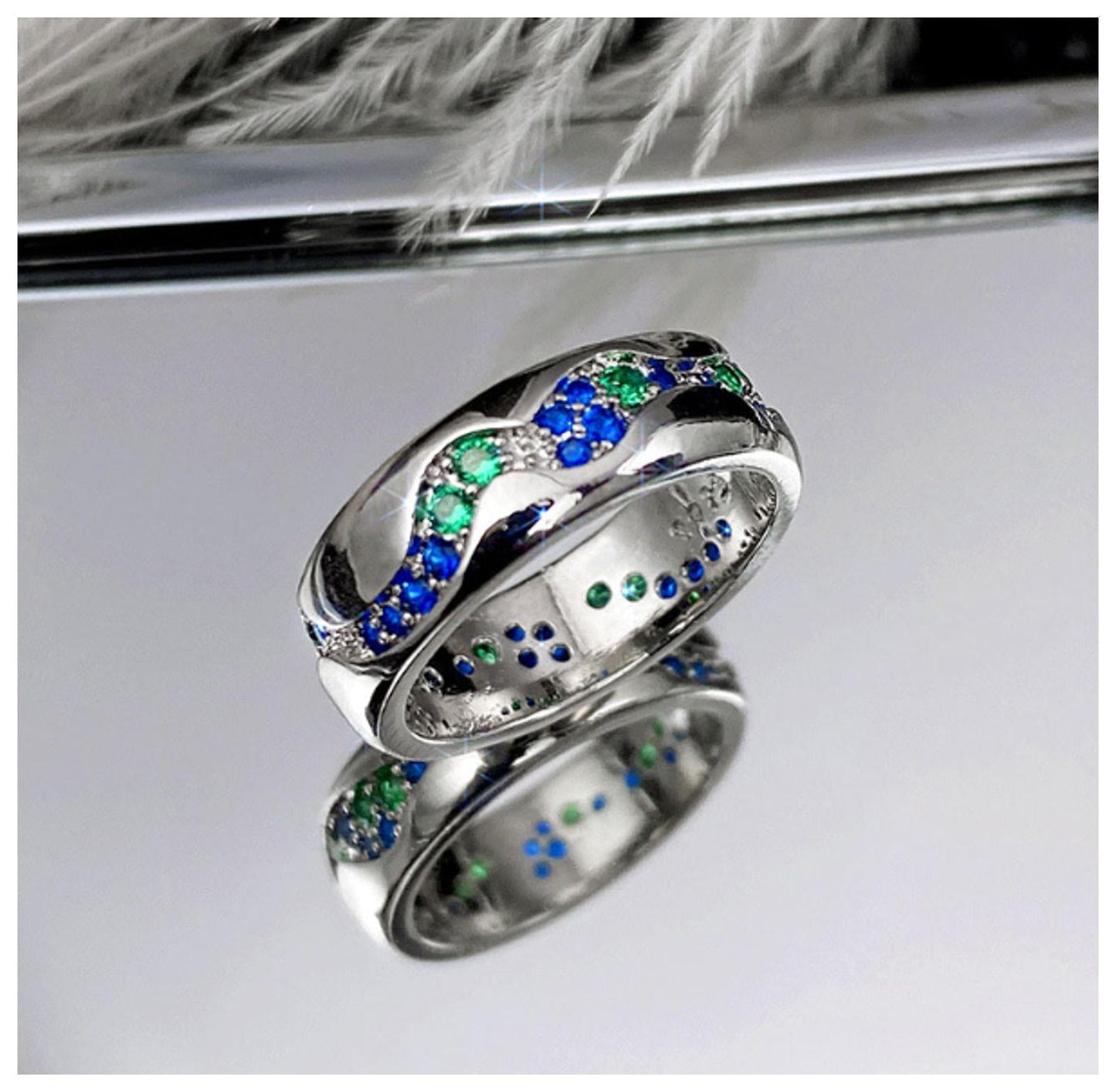 Blue green wave band Ring - Silver - CZs - Size 8