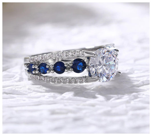 Blue open band round engagement Ring - Silver - CZs - Size 7