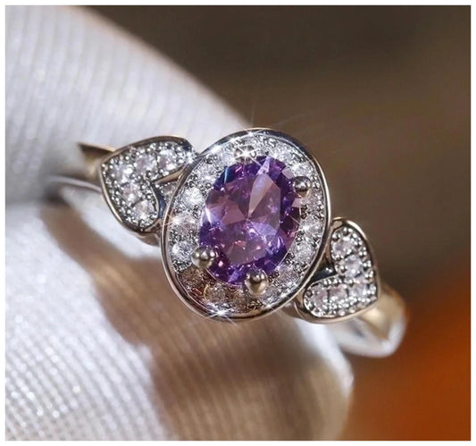 Purple oval and hearts - Ring - Silver - CZs - Size 6