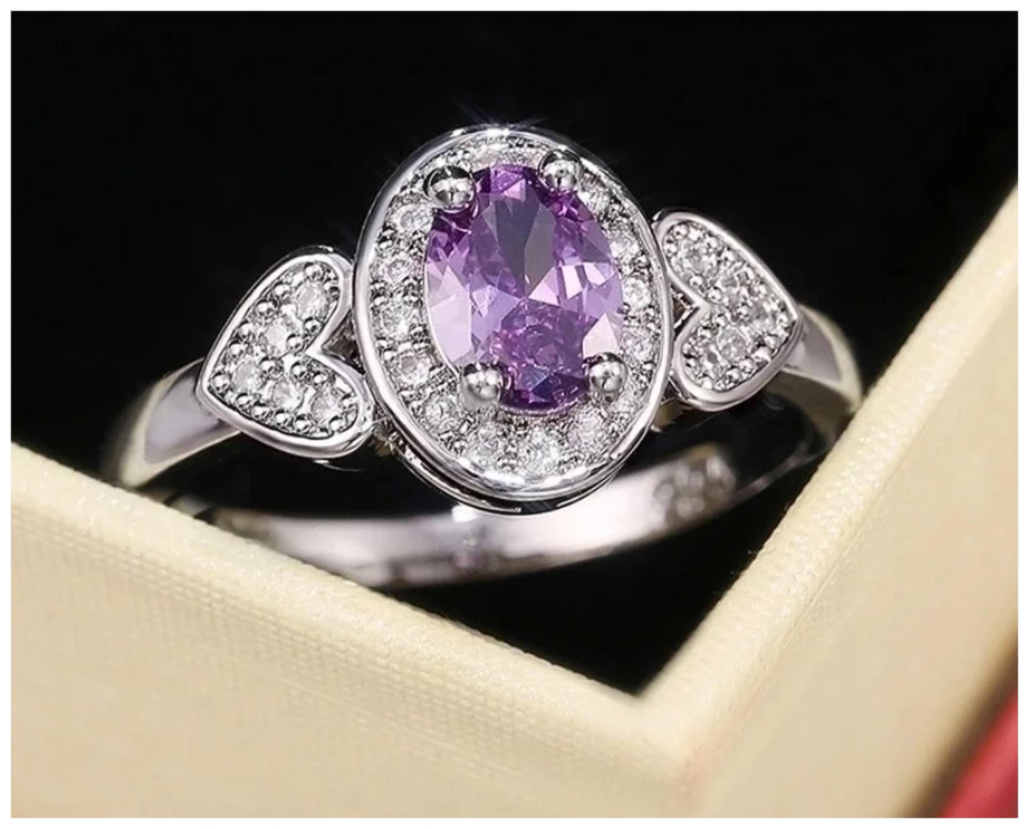 Purple oval and hearts - Ring - Silver - CZs - Size 9