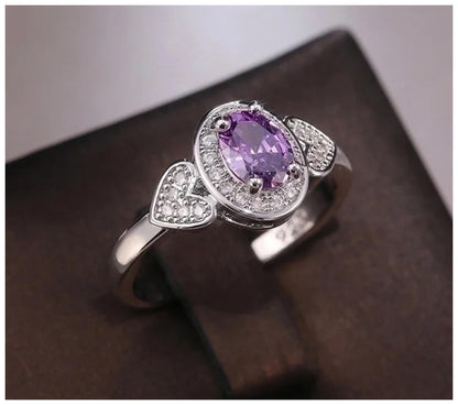 Purple oval and hearts - Ring - Silver - CZs - Size 6