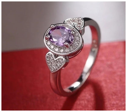 Purple oval and hearts - Ring - Silver - CZs - Size 7