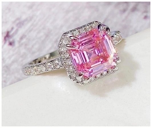 Pink cushion cut - Ring - Silver - CZs - Size 6