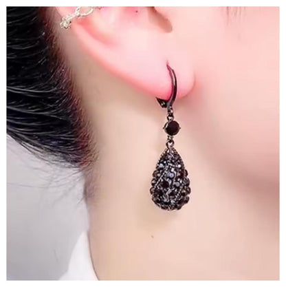 Black crystal drop - Earrings - Silver - CZs - 1.5"