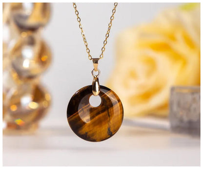 Natural tiger's eye round pendant - Necklace - Gold - 18"