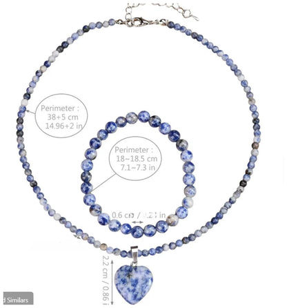 Natural blue dot jasper beaded - Necklace/Earring set - Silver - 17"