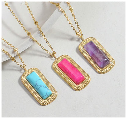 Natural pink agate rectangle pendant - Necklace - Gold - 18"