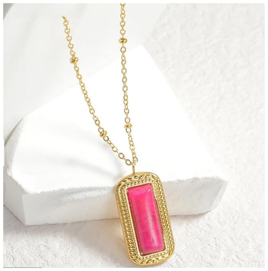 Natural pink agate rectangle pendant - Necklace - Gold - 18"