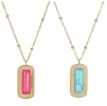 Natural pink agate rectangle pendant - Necklace - Gold - 18"