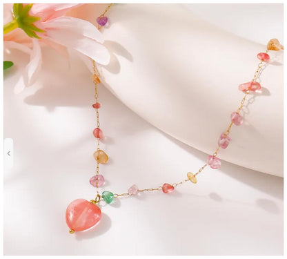 Natural stone peach beaded - Necklace - Gold - 18"