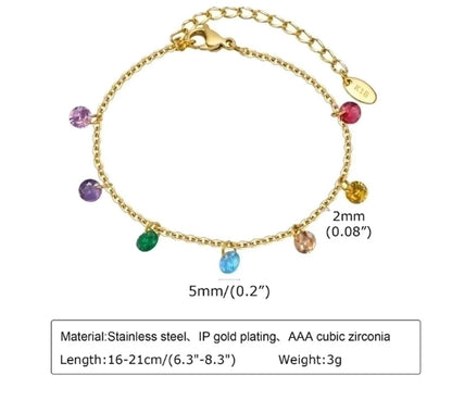 Multicolor stone dangle - Bracelet - Gold - CZs - 6.5-8"