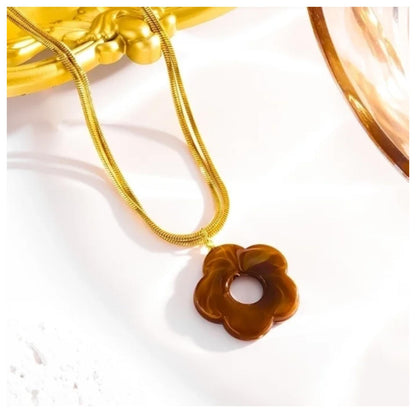 Brown flower pendant - Necklace - Gold - 18"