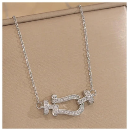 Horseshoe buckle - Necklace/Earring set - Silver - CZs - 18"