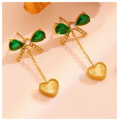 Green and white reversible bow/hearts - Necklace/Earring set - Gold - CZs - 18"