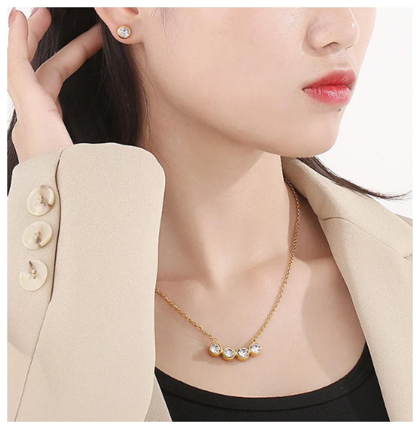 Round bezel set blue - Necklace/Earring set - Gold - CZs - 18"