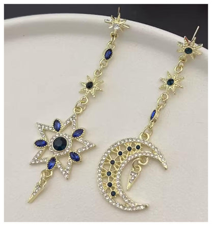 Asymmetric Moon and Star Earrings - Gold - CZs - 2.5"
