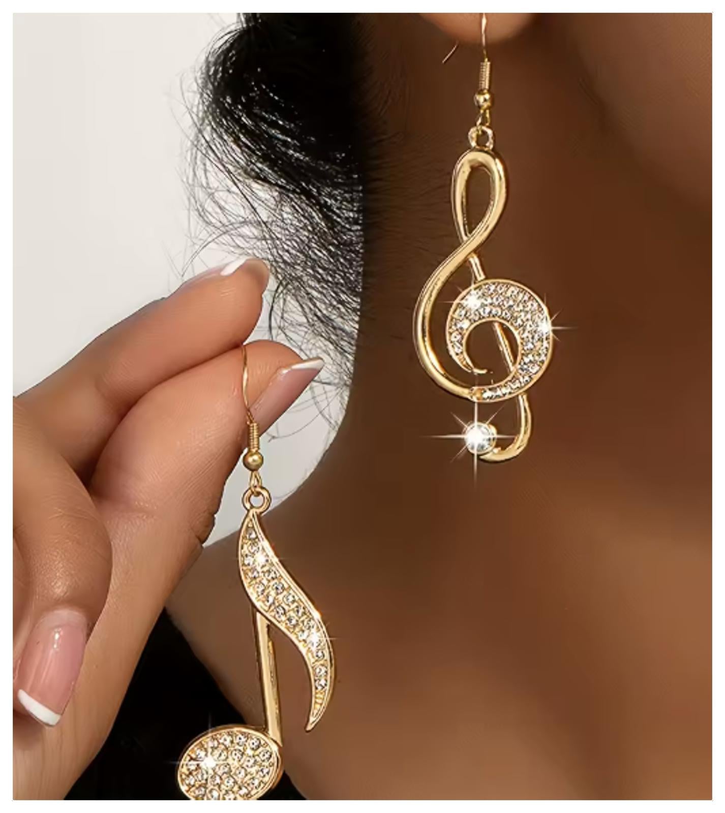 Note and Treble Earrings - Gold - CZs - 1.5"