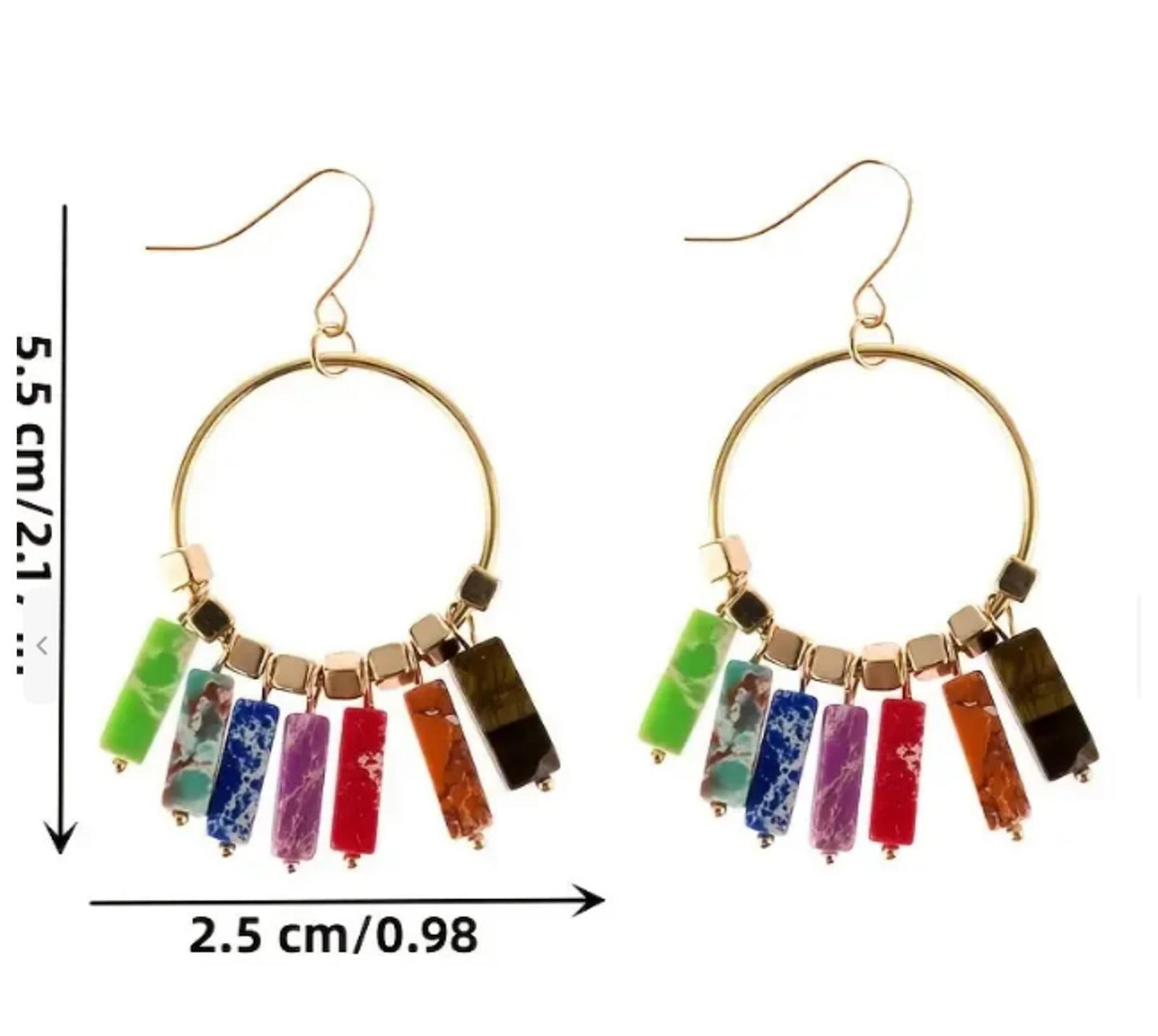 Natural Jasper cuboid multicolor - Earrings - Gold - 2"