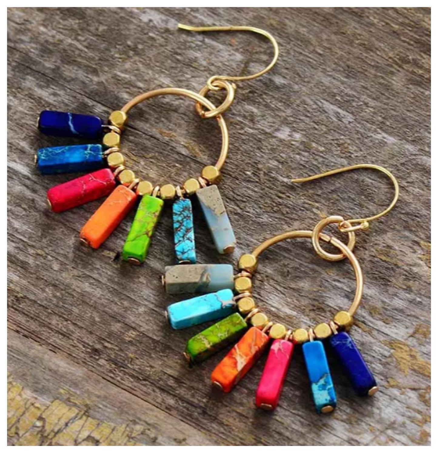 Natural Jasper cuboid multicolor - Earrings - Gold - 2"
