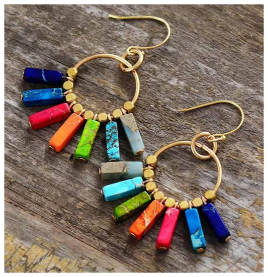 Natural Jasper cuboid multicolor - Earrings - Gold - 2"