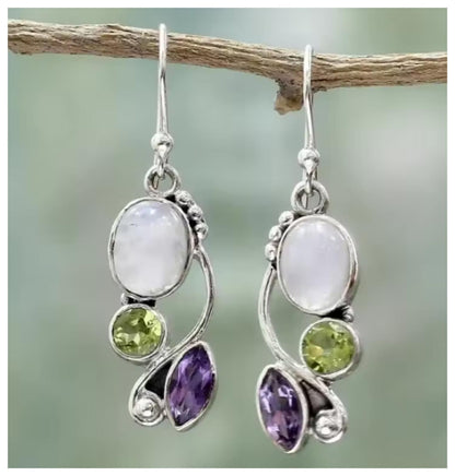 White, green, purple - Earrings - Silver - 1.2"