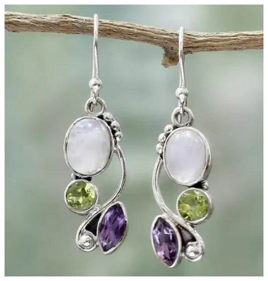 White, green, purple - Earrings - Silver - 1.2"