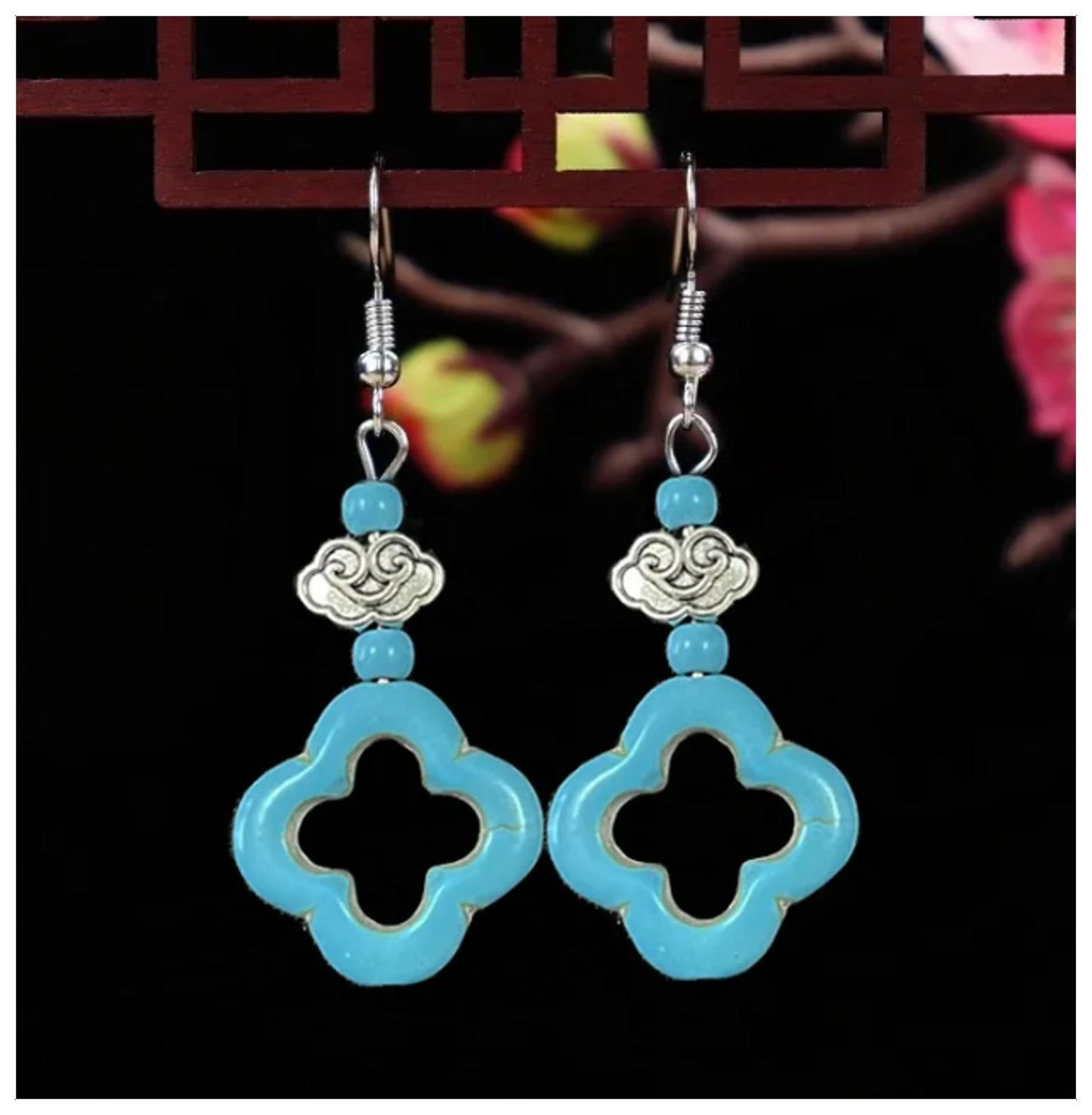 Turquoise colored clover Earrings - Silver - 2"
