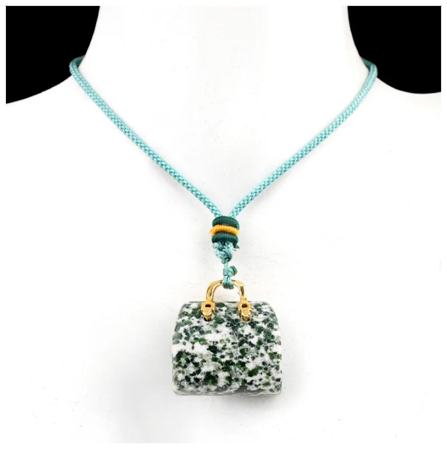 Natural green grass jasper purse Necklace - Gold - 20"