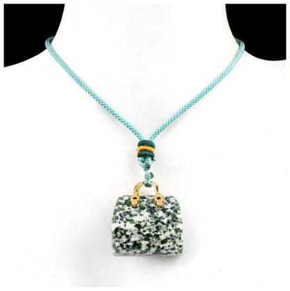 Natural green grass jasper purse Necklace - Gold - 20"