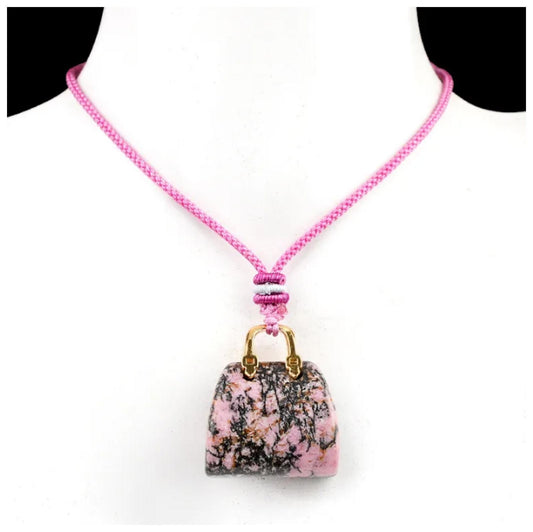 Natural rose jasper purse Necklace - Gold - 20"