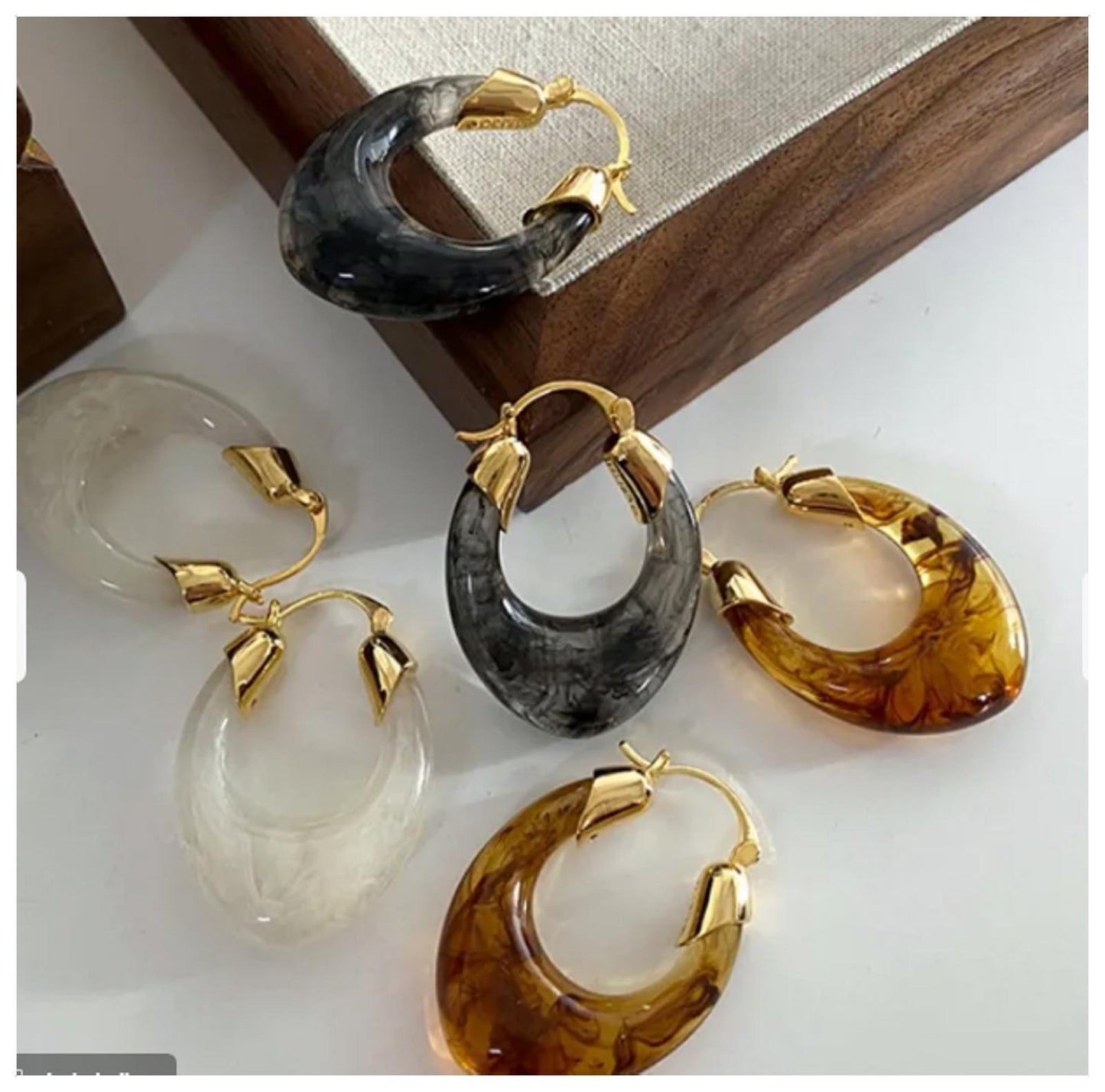 White u-shaped acrylic hoop Earrings - Gold - 1.5"