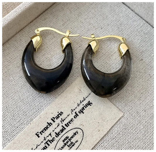 Black u-shaped acrylic hoop Earrings - Gold - 1.5"