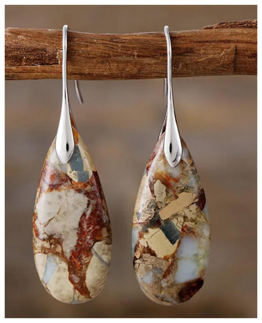 Brown natural stone Earrings - Silver - 2"