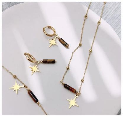 Natural tiger's eye bar bead Necklace - Gold - 18"
