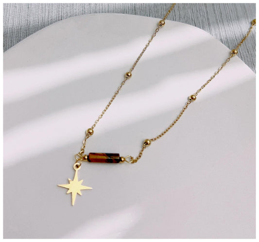Natural tiger's eye bar bead Necklace - Gold - 18"