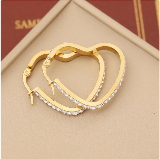 Large bling heart hoop Earrings - Gold - CZs - 2"