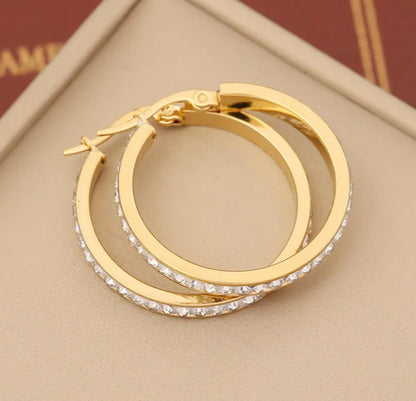 Large bling round hoop Earrings - Gold - CZs - 2"