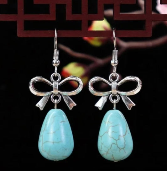 Bow and turquoise earrings - Silver - 1.75"