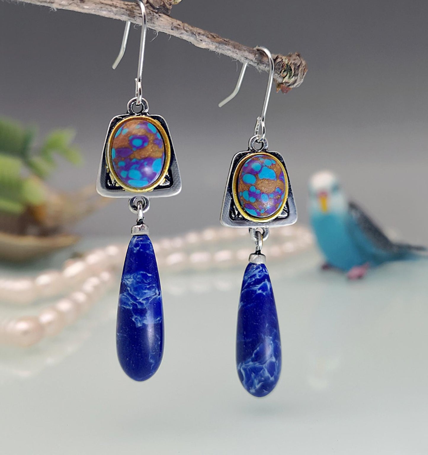 Retro multicolor dangle earrings - Silver - 2"