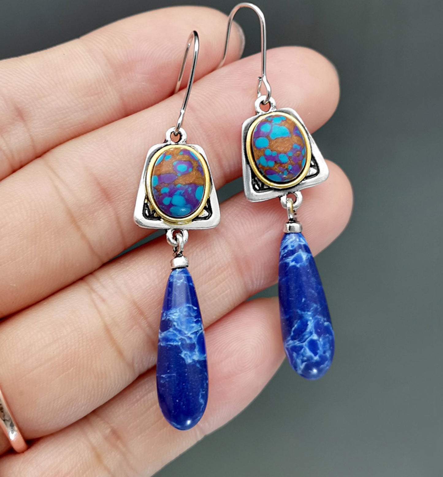 Retro multicolor dangle earrings - Silver - 2"