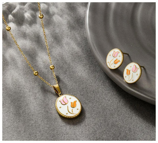 Vintage style pink and orane tulips - Necklace/Earring set - Gold - 18"