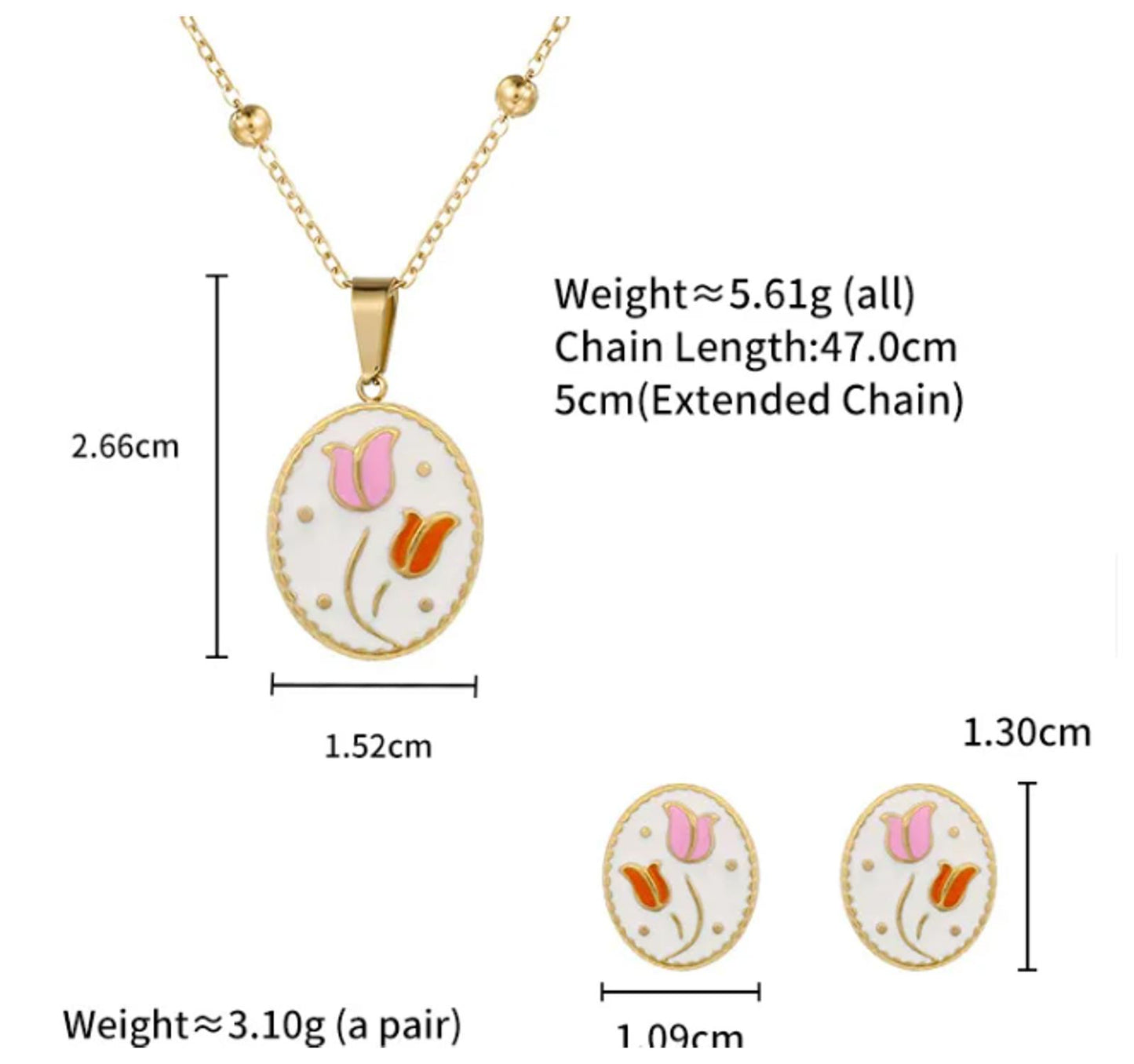Vintage style pink and orane tulips - Necklace/Earring set - Gold - 18"
