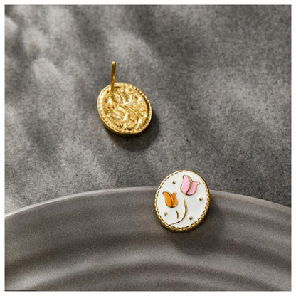 Vintage style pink and orane tulips - Necklace/Earring set - Gold - 18"