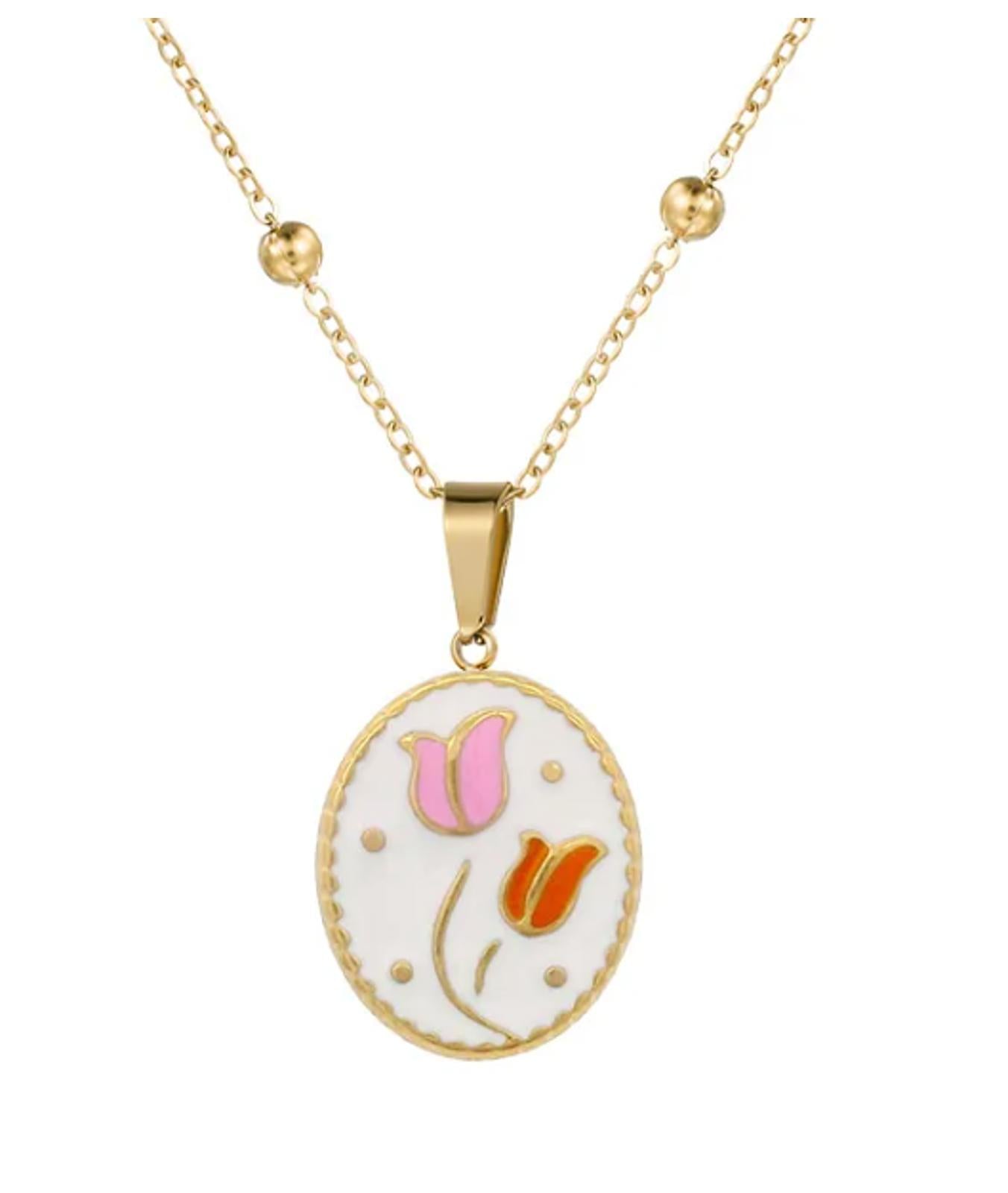 Vintage style pink and orane tulips - Necklace/Earring set - Gold - 18"